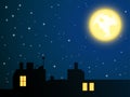 Night roofs and lonely cat looking at full moon Royalty Free Stock Photo