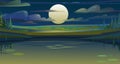 Night rural landscape. Big moon. Old pond or river bank. View of farm garden fields and hills. Flat style cartoon design Royalty Free Stock Photo