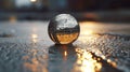 Night\'s Reflection: The Enigmatic Metallic Sphere on Rain-Soaked Asphalt