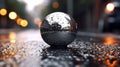 Night\'s Reflective Embrace: A Shimmering Metallic Sphere Amidst Rain