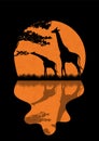 Night savanna and full moon minimalist poster. Calm landscape, wild nature of Africa, giraffes near water