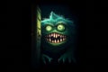 Night scary green monster open the door. Generate ai