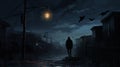 Night scene in an abandoned city, a lone traveler with his crow, illuminated by the soft glow of lampposts, AI-generated