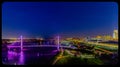 Night scene aerial view Bob Kerrey pedestrian bridge and downtown omaha Nebraska