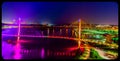 Night scene aerial view Bob Kerrey pedestrian bridge and downtown omaha Nebraska