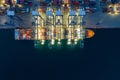 Night scene Aerial view sea port Container cargo loading ship in import export business logistic. Freight transportation. shipping Royalty Free Stock Photo