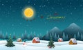Night scene background with Santa claus flying on sleigh pulled by reindeer over village,for holiday,celebrate party,greeting card Royalty Free Stock Photo