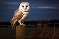 Night scene of barn owl perched on a fence post. Generative AI Royalty Free Stock Photo