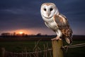 Night scene of barn owl perched on a fence post. Generative AI Royalty Free Stock Photo