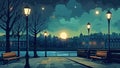 Night scene with benches and street lamps illustration AI Generated Royalty Free Stock Photo