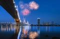 Night Scene Bhumibol Bridge with fireworks, Bangkok, Thailand Royalty Free Stock Photo