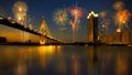 Night Scene Bhumibol Bridge with fireworks