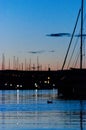 Night scene with boats in harbor and a single duck Royalty Free Stock Photo