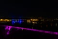 Night scene Bob Kerry foot bridge, Missouri River and Ton Hanafan River\'s edge Plaza