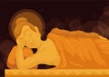 Night scene with bokeh effect and reclined Buddha, Vector illustration