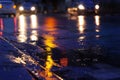 Night scene of hard rain fall in the city. Royalty Free Stock Photo