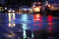 Night scene of hard rain fall in the city. Royalty Free Stock Photo