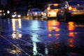 Night scene of hard rain fall in the city. Royalty Free Stock Photo