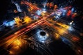 night scene of the city, light trails on the road and moving cars, lights on the street. Expressway top view, traffic light