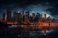 a night scene with a city skyline at night, in the style of hyperrealistic illustrations. Ai Generated