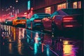 Night scene of city street with cars and colorful lights depicted in digital art. illustration painting Royalty Free Stock Photo