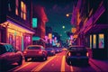 Night scene of city street with cars and colorful lights depicted in digital art. illustration painting Royalty Free Stock Photo