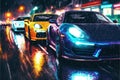 Night scene of city street with cars and colorful lights depicted in digital art. illustration painting Royalty Free Stock Photo