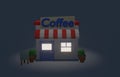 night scene coffee isometric shop and store ,low poly building flowerpot and board landscape geometric scene on white background