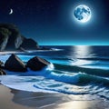 night scene with crescent moon and stars above the water and beach in the Royalty Free Stock Photo