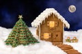 Night scene with edible gingerbread house and cookie christmas tree Royalty Free Stock Photo