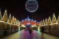 Night scene - empty Christmas marketplace with decorated small kiosk