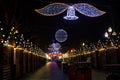 Night scene - empty Christmas marketplace with decorated small kiosk