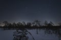 Night scene, Estonian nature in winter time, observation tower on the Viru raba and starry sky