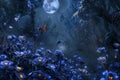 Night Scene With Butterflies Flying Over Blue Flowers Royalty Free Stock Photo