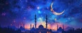 night scene featuring a crescent moon illuminating a beautifully detailed mosque with minarets and a starry sky, representing the Royalty Free Stock Photo