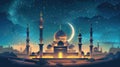 night scene featuring a crescent moon illuminating a beautifully detailed mosque with minarets and a starry sky, representing the Royalty Free Stock Photo
