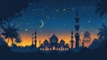 night scene featuring a crescent moon illuminating a beautifully detailed mosque with minarets and a starry sky, representing the Royalty Free Stock Photo