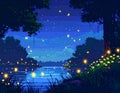 Night Scene with Fireflies Over Water and Trees Royalty Free Stock Photo