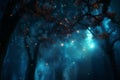 a night scene with a forest studded with stars and trees in background, a blue sky with a haze, in style of magical realism Royalty Free Stock Photo