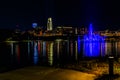 Night scene Fountain, lake at the Heartland of America Park Riverfront downtown Omaha Nebraska USA. Royalty Free Stock Photo