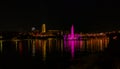 Night scene Fountain, lake at the Heartland of America Park Riverfront downtown Omaha Nebraska USA. Royalty Free Stock Photo