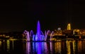 Night scene Fountain and lake Heartland of America Park Riverfront Omaha Nebraska Royalty Free Stock Photo