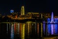 Night scene Fountain, lake at the Heartland of America Park Riverfront downtown Omaha Nebraska USA. Royalty Free Stock Photo