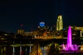 Night scene Fountain, lake at the Heartland of America Park, Riverfront downtown Omaha Nebraska USA Royalty Free Stock Photo