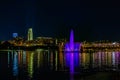 Night scene Fountain, lake at the Heartland of America Park Riverfront downtown Omaha Nebraska USA. Royalty Free Stock Photo