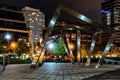 Night scene of fountain plaza in Chicago West Loop neighborhood park. Travel in Illinois