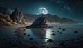 a night scene with a full moon over a lake and mountains. generative ai Royalty Free Stock Photo