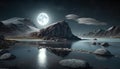 a night scene with a full moon over a mountain lake. generative ai Royalty Free Stock Photo