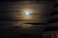 Night scene - full moon shining brightly in the sky with clouds. Royalty Free Stock Photo