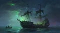 Night scene of ghost pirate ship in the sea with mysterious green light, Flying Dutchman painting Royalty Free Stock Photo